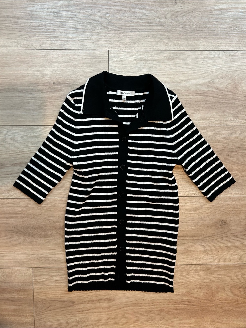 Madewell Black and White Striped Button-Up Polo Cardigan